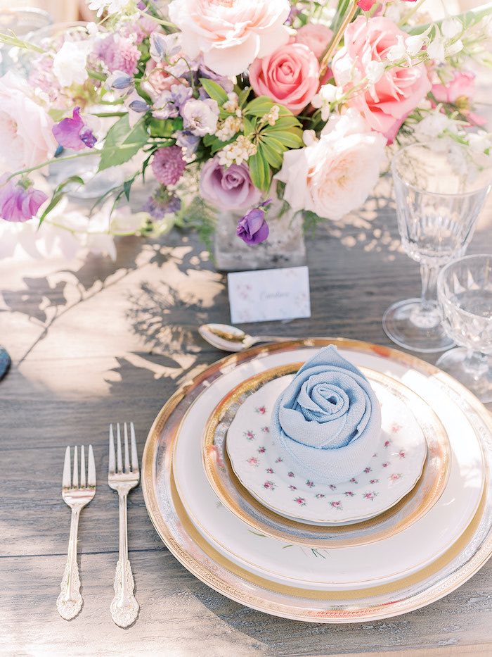 Elegant Table Setting from a Bridgerton Inspired Baby Shower on Kara's Party Ideas | KarasPartyIdeas.com