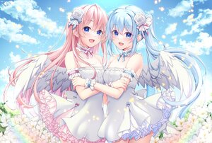 Rating: Safe Score: 3 Tags: 2girls aqua_hair blue_eyes blush clouds dress feathers flowers long_hair mizukoshi_mayu original pink_hair sky twintails wings User: Arsy