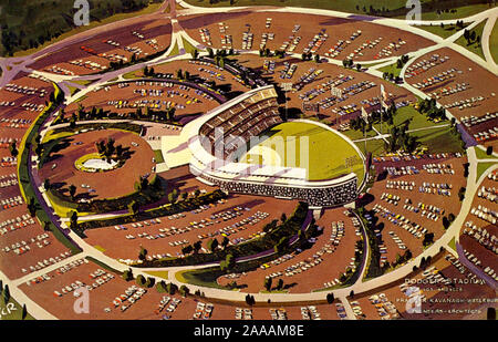 Aerial view of Dodger Stadium in 1960s era architectural rendering showing what the stadium might look like. Dodger Stadium opened in 1962 for the Los Angeles Dodgers Major League Baseball season. The dodgers had relocated to L.A. from Brooklyn in 1958 and played their first few seasons at the Memorial Coliseum before construction was complete. Stock Photo