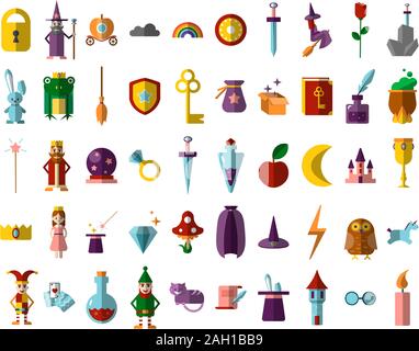 Flat vector set of fabulous magical halloween items. Book, magic ball, wizard hat, bottles with elixirs, castle, cauldrons, personages and animals Stock Vector