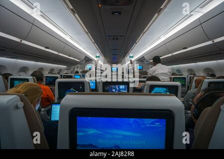 Inside the passenger cabin of Air Mauritius airline new generation of airbus A350-900S, December 2019 Stock Photo