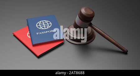 Legal immigration, visa, migration office. Passports and judge gavel on gray black background, banner. 3d illustration Stock Photo