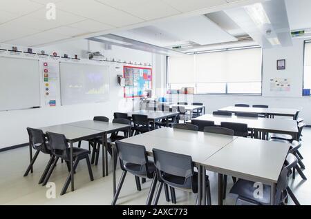 Tables in empty classroom Stock Photo