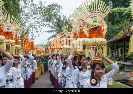 Bali, Indonesia - July 26, 2010: Group of women in traditional costumes and colourful offering on their heads walk to the holy Pura Tanah Lot temple. Stock Photo