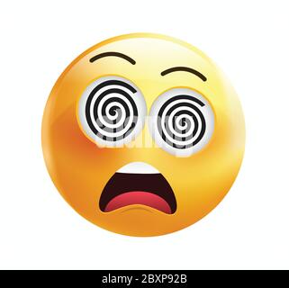 High quality emoticon on white background.Dizzy emoji.yellow face with X’s or spiral eyes and open mouth emoji vector illustration.Dizzy emoticon. Stock Vector