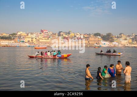 People bathing in Ganges River, Varanasi, Uttar Pradesh, India, Asia Stock Photo