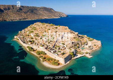 Aerial shot of the former Leper colony of Spinalonga island near Plaka, Crete, Greece Stock Photo