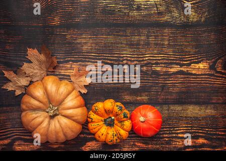 Wooden background with pumpkins and maple leaves, flatlay with copy space. Stock Photo