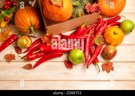 Red hot chili peppers and fall vegetables pumpkins, green apples, cherry and autumn leaves top view Stock Photo