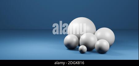 Abstract round spheres, globes or balls in realistic digital studio interior, cgi render illustration, background wallpaper rendering, white, blue Stock Photo