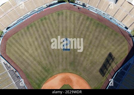 General overall aerial view of Dodger Stadium with No. 2 painted in centerfield to honor former Los Angeles Dodgers manager Tommy Lasorda, Monday, Jan Stock Photo