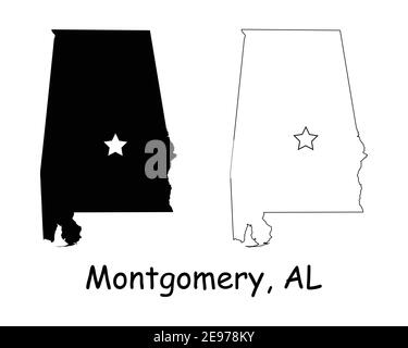 Montgomery Alabama AL state Map USA with Capital Star. Black silhouette and outline isolated maps on a white background. EPS Vector Stock Vector