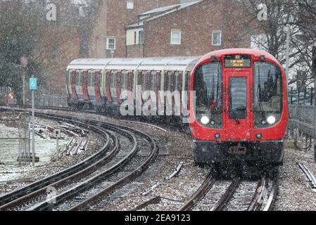 A Hammersmith and Circle line train arrives at Ladbroke Grove station in London. Picture date: Monday February 8, 2021. Stock Photo