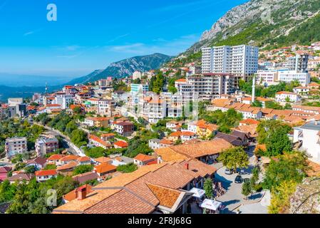 KRUJA, ALBANIA, SEPTEMBER 28, 2019: Aerial view of old town of Kruja in Albania Stock Photo