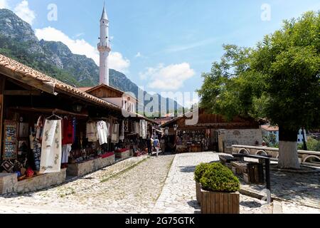 Looking down on the bazaar and Mosque in Kruja, Durres County, central Albania Stock Photo