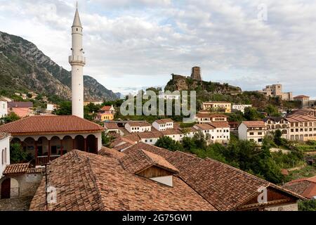 Looking down on the bazaar and Mosque in Kruja, Durres County, central Albania Stock Photo