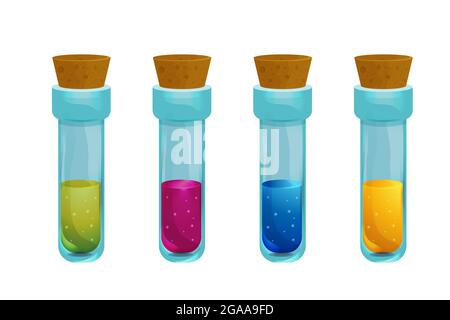 Set Magic Bottles with liquid potion elixir lab game icon in cartoon style isolated on white background. Glass jar, spooky wizard, alchemy asset. Vector illustration Stock Vector