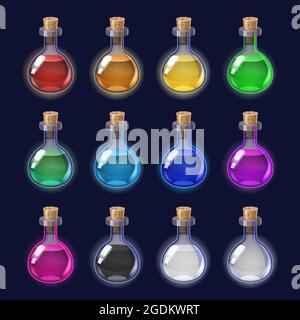 Set Bottles liquid potion magic elixir colorful . Game icon GUI for app games user interface. Vector illstration Stock Vector