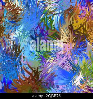 Abstract colorful painterly swirls and loops, multicolored impressive digital painting. Light blue vivid tones, modern digital art Stock Photo