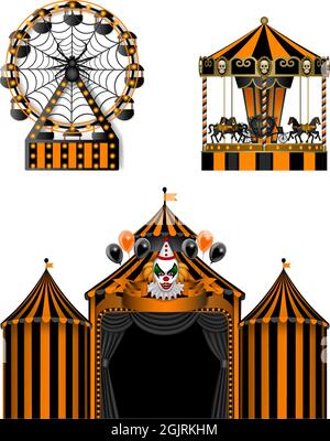 Halloween luna park elements. horror amusement park. isolated circus, carousel and ferris wheel Stock Vector