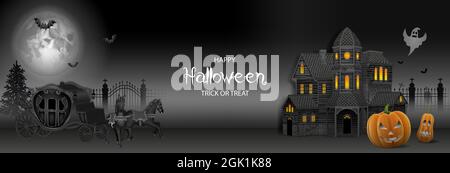 Halloween banner with haunted house, pumpkins and old carriage with horses Stock Vector