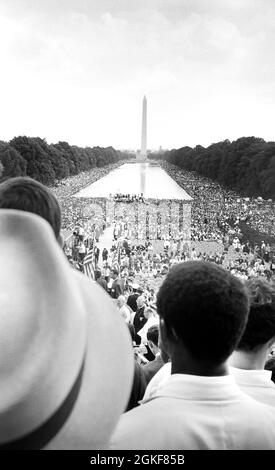 Crowd surrounding Reflecting Pool and with Washington Monument in background, March on Washington for Jobs and Freedom, Washington, DC, USA, Warren K. Leffler, U.S. News & World Report Magazine Photograph Collection, August 28, 1963 Stock Photo