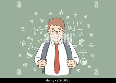 Back to school and happy education concept. Young happy positive schoolchild boy with backpack standing looking at camera feeling positive vector illu Stock Photo