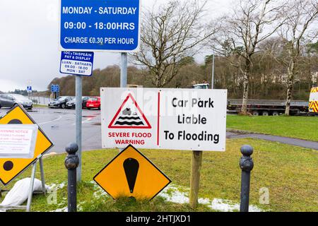 Warning sign, Car park liable to flooding, Donegal Town, County Donegal, Ireland. Stock Photo