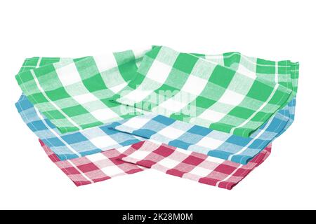 Closeup of a green, blue, red white checkered napkin or tablecloth texture isolated on a white background. Kitchen accessories. Top view. Stock Photo