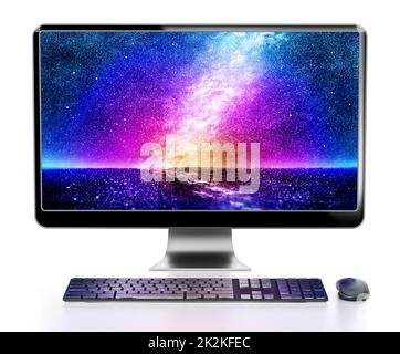 Modern desktop computer with vivid wallpaper. 3D illustration Stock Photo