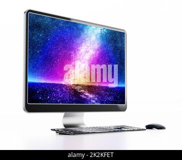 Modern desktop computer with vivid wallpaper. 3D illustration Stock Photo