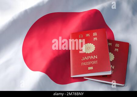 Passport of Japan on japanese flag. Citizenship, immigration, travel and tourism concept. 3d illustration Stock Photo