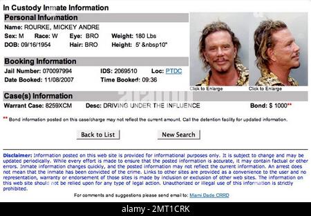 Bad boy actor Mickey Rourke, seen here in his booking photo, was arrested at 9.30am this morning on DUI charges while driving his green scooter in South Beach. According to reports, Rourke made a U-turn with red light at 12th and Washington at 4 am. Rourke had just left the C. Madeleine's Fashion Show. Rourke was booked at the Miami-Dade Pre-trial Detention Center and held on $1,000 bond. According to the arrest report, Rourke had a flushed face and bloodshot and watery eyes and that his speech was slurred when he was pulled over within a block of leaving the show and told the police officer, Stock Photo