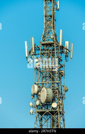 Television and mobile phone broadcasting and communication systems towers. Abruzzo, Italy, Europe Stock Photo