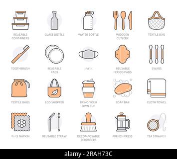 Zero waste products flat line icons set. Reusable bottle, wooden cutlery, metal straw, period pad, face mask vector illustration. Outline signs of Stock Vector