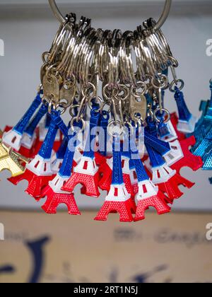 Eiffel Tower, Keyring's for Tourists on sale on the banks of the River Seine, Paris, France, Europe, EU. Stock Photo