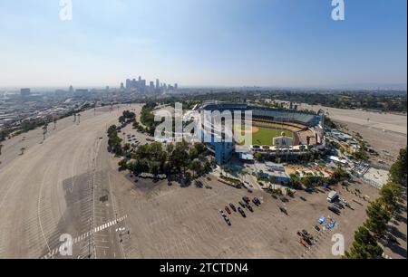 Drone images of Dodger Stadium with the Los Angeles skyline visible in a few shots. Stock Photo