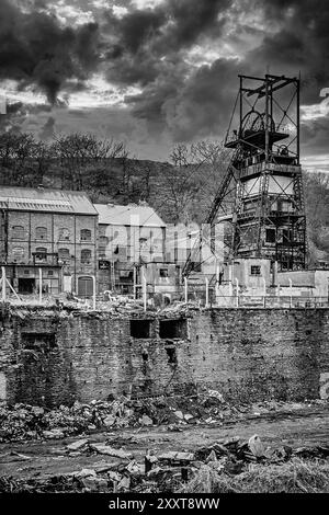 Closed, abandoned coal mine in the Rhondda Valley, South Wales, UK. Moody. Bleak. Concept. Landscape. Black and White image. Stock Photo