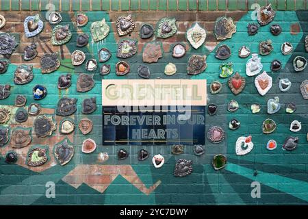 Grenfell memorial outside Ladbroke Grove Station by Paprika Williams made of handcrafted ceramic hearts, Notting Hill, London, UK Stock Photo