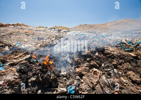 A landfill site in Eresos, Lesbos, Greece. As many islands, rubbish is a problem with no recycling taking place. Stock Photo