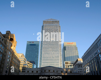 A view to the three tallest skyscrapers in Canary Wharfs financial district. Stock Photo