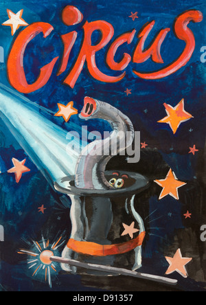 Circus poster done in tempera medium at age about 12. An Elephant in a top hat illusion under a starry night. Stock Photo