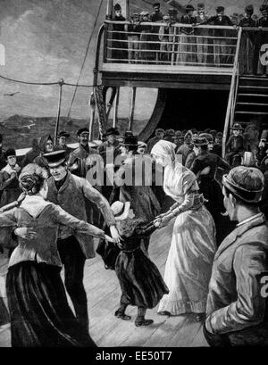 A Dance in Steerage Class on Emigrant Ship, Engraving, 1891 Stock Photo