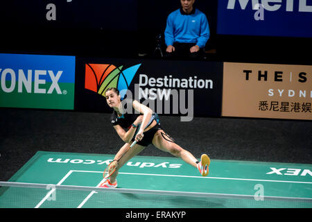 Sydney, AUSTRALIA - May 30, 2015:  Carolina Marin won 21-13 21-14 to go through to the Australian Badminton Open 2015 finals of the tournament in Sydney on May 30, 2015 in Sydney, Australia. Stock Photo