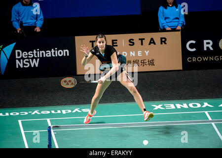 Sydney, AUSTRALIA - May 30, 2015:  Carolina Marin won 21-13 21-14 to go through to the Australian Badminton Open 2015 finals of the tournament in Sydney on May 30, 2015 in Sydney, Australia. Stock Photo