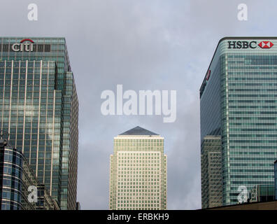 Canary Wharf, London showing the multi-occupancy One Canada Square (centre) and the HSBC building and Citibank Centre. Stock Photo