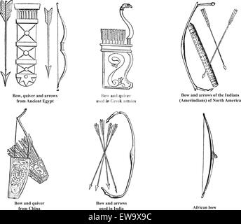 Ancient Egypt, Greek, Chinese, Indian, Amerindian and African bow, arrows and quiver old engraving, Engraved illustration of bow and arrows weapon used in ancient time. Stock Vector