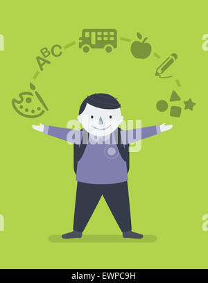 Portrait of schoolboy standing in front of doodle on green background Stock Photo