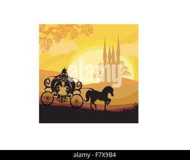 Silhouette of a horse carriage and a medieval castle Stock Vector