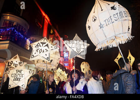 Brighton, Sussex, UK. 21st December, 2015. Thousands of people including local schools take part in the Burning the Clocks winter solstice parade in Brighton tonight . Burning the Clocks is a winter solstice festival that takes place each year in Brighton organised by the Same Sky arts group and was started in 1993  Credit:  Simon Dack/Alamy Live News Stock Photo